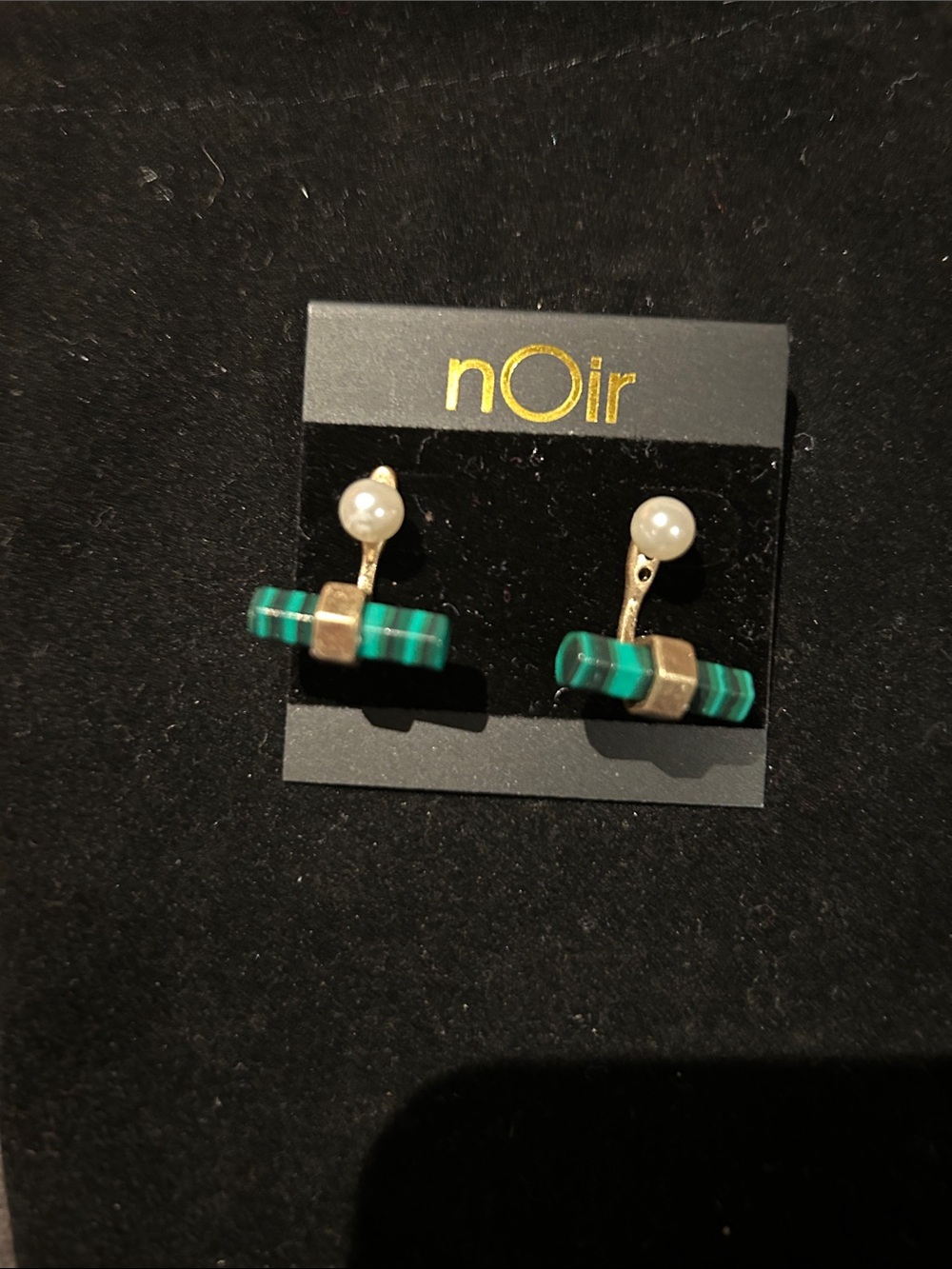 nOir Jewelry Green Striped Bar Drop Earrings with Pearl Studs
